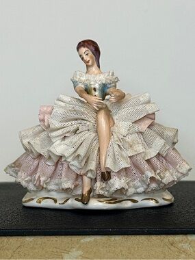 Dresden Porcelain Figurine of Ballerina in Beautiful Lace Tiered Dress